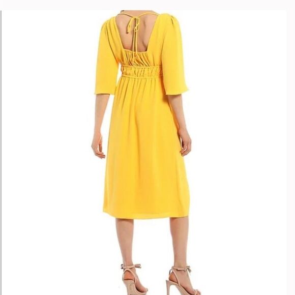 Trina Turk Yellow Empire Waist Midi Dress V Neck Balloon Sleeve Size 6 Retro - Picture 16 of 16